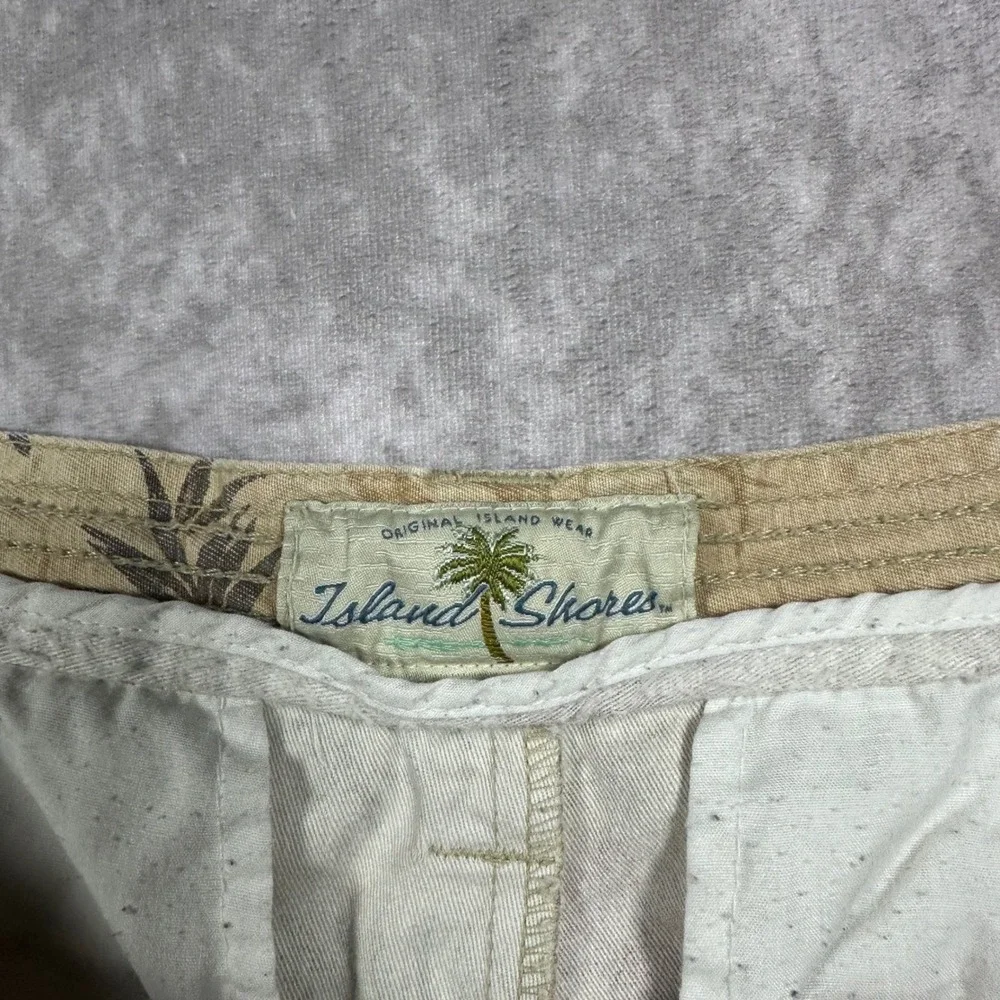 Island Shores Mens 38 Cargo Shorts Tan Tropical Hula Girl Hibiscus Cotton Floral
